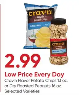 Stater Bros Crav'n Flavor Potato Chips 13 oz. or Dry Roasted Peanuts 16 oz offer