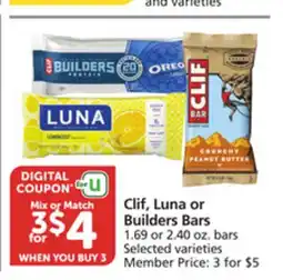 Albertsons Clif, Luna or Builders Bars offer