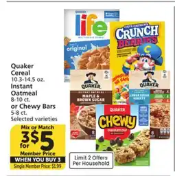 Albertsons Quaker Cereal 10.3-14.5 oz., Instant Oatmeal 8-10 ct. or Chewy Bars 5-8 ct offer