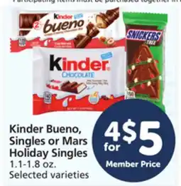 Albertsons Kinder Bueno, Singles or Mars Holiday Singles offer