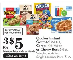 Pavilions Quaker Instant Oatmeal 8-10 ct., Cereal 10.3-12.6 oz. or Chewy Bars 5-8 ct offer