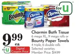 Pavilions Charmin Bath Tissue 6 mega XL, 9 mega rolls or Bounty Paper Towels 4 triple, 6 double rolls offer