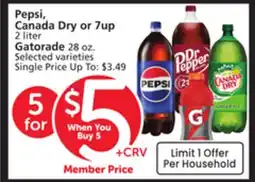 Vons Pepsi, Canada Dry or 7up 2 liter Gatorade offer