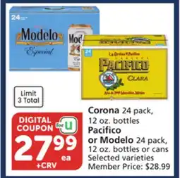 Vons Corona 24 pack, 12 oz. bottles Pacifico or Modelo 24 pack, 12 oz. bottles or cans offer