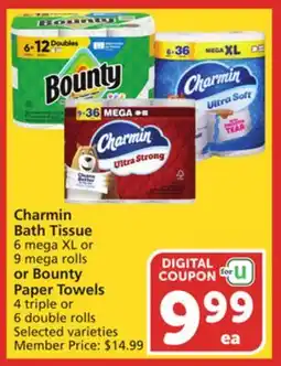 Vons Charmin Bath Tissue 6 mega XL or 9 mega rolls or Bounty Paper Towels 4 triple or 6 double rolls offer