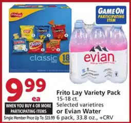 Vons Frito Lay Variety Pack 15-18 ct. Selected varietires or Evian Water 6 pack, 33.8 oz offer