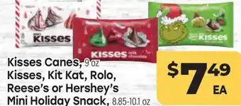 Tony’s Fresh Market Kisses Canes, 9oz Kisses, Kit Kat, Rolo, Reese's or Hershey's Mini Holiday Snack, 8.85-10.1oz offer