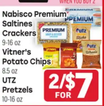Tony’s Fresh Market Nabisco Premium Saltines Crackers 9-16 oz Vitner's Potato Chips 8.5 oz UTZ Pretzels 10-16 oz offer