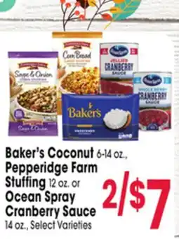 Jewel-Osco Baker's Coconut 6-14 oz., Pepperidge Farm Stuffing 12 oz. or Ocean Spray Cranberry Sauce 14 oz offer
