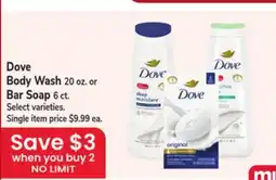 Jewel-Osco Dove Body Wash 20 oz. or Bar Soap 6 ct offer