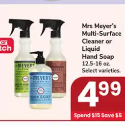 Jewel-Osco Mrs Meyer's Multi-Surface Cleaner or Liquid Hand Soap offer