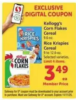 Safeway Kellogg's Corn Flakes Cereal / Rice Krispies Cereal offer