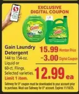 Safeway Gain Laundry Detergent offer