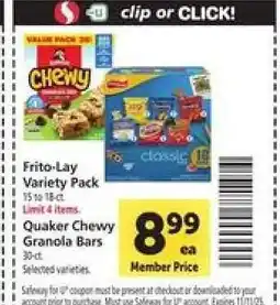 Safeway Frito-Lay Variety Pack & Quaker Chewy Granola Bars offer