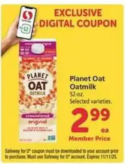 Safeway Planet Oat Oatmilk offer