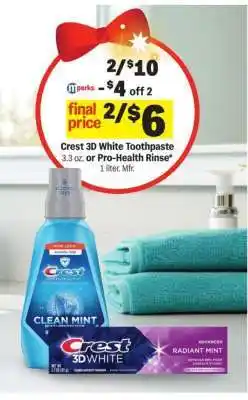 Meijer Crest 3D White Toothpaste or Pro-Health Rinse offer