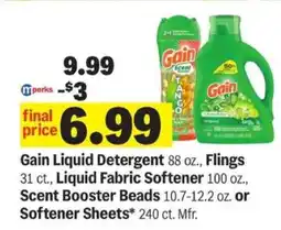 Meijer Gain Liquid Detergent, Flings, Liquid Fabric Softener, Scent Booster Beads, Softener Sheets offer