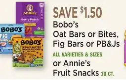 Heinen's Bobo's Oat Bars or Bites, Fig Bars or PB & Js ALL VARIETIES & SIZES or Annie's Fruit Snacks 10 CT offer