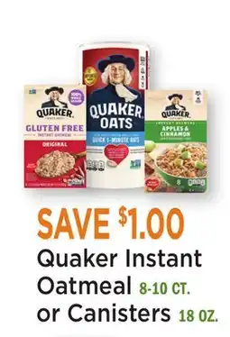 Heinen's Quaker Instant Oatmeal 8-10 CT. or Canisters 18 OZ offer