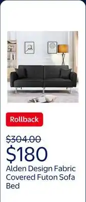 Walmart Alden Design Fabric Covered Futon Sofa Bed with Adjustable Backrest, Black offer