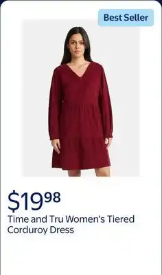 Walmart Time and Tru Women's Tiered Corduroy Dress with Long Sleeves, Sizes XS-XXXL offer