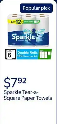 Walmart Sparkle Tear-a-Square Paper Towels, 6 Double Rolls offer
