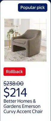 Walmart Better Homes & Gardens Emerson Curvy Accent Chair, Truffle Brown Boucle offer