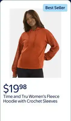 Walmart Time and Tru Women's Fleece Hoodie with Crochet Long Sleeves, Sizes XS-XXXL offer