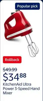 Walmart KitchenAid Ultra Power 3-Speed Hand Mixer, Empire Red, KHM312ER offer