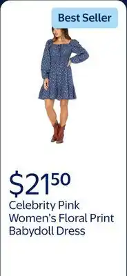 Walmart Celebrity Pink Women's and Women's Plus Floral Print Babydoll Dress with Long Sleeves, Sizes XS-4X offer