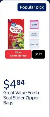Walmart Great Value Fresh Seal Slider Zipper Bags, Quart Storage, 50 Count offer