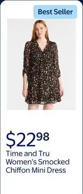 Walmart Time and Tru Women's Smocked Chiffon Mini Dress with Long Sleeves, Sizes XS-XXXL offer