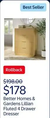 Walmart Better Homes & Gardens Lillian Fluted 4 Drawer Dresser, Natural Pine offer