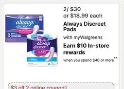Walgreens Always Discreet Pads offer