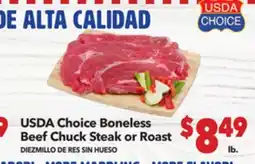 Vallarta Supermarkets USDA Choice Boneless Beef Chuck Steak or Roast / DIEZMILLO DE RES SIN HUESO offer