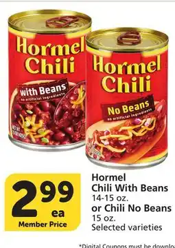Vons Hormel Chili With Beans 14-15 oz. or Chili No Beans 15 oz offer