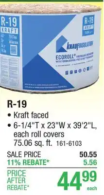 Menards R-19 CUT-TO-LENGTH FIBERGLASS ROLLS offer