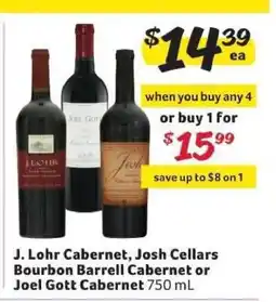 Winn Dixie J. Lohr Cabernet, Josh Cellars Bourbon Barrell Cabernet or Joel Gott Cabernet offer