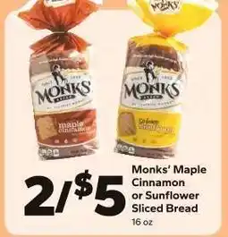Save a Lot Monks' Maple Cinnamon or Sunflower Sliced Bread offer