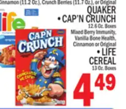 C Town QUAKER • CAP'N CRUNCH 12.6 Oz. Boxes Mixed Immunity Cinnamon • LIFE CEREAL 13 Oz. Boxes offer