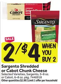 Stop&Shop Sargento Shredded or Cabot Chunk Cheese offer