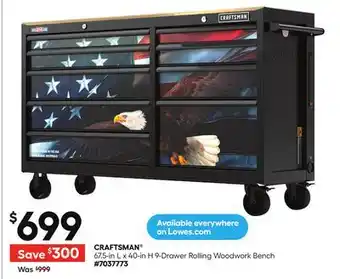 Lowe's 67.5-in L x 40-in H 9-Drawer Rolling Woodwork Bench offer
