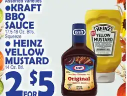 Bravo Supermarkets KRAFT BBQ SAUCE 17.5-18 Oz. Btls. Squeeze, HEINZ YELLOW MUSTARD 14 Oz. Btl offer