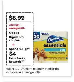 CVS Charmin Ultra 6 mega rolls or essentials 9 mega rolls offer