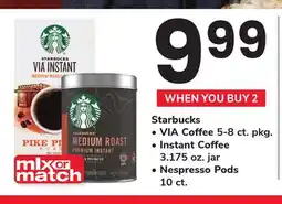 ACME Starbucks VIA Coffee 5-8 ct. pkg. Instant Coffee 3.175 oz. jar, Nespresso Pods 10 ct offer