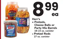 ACME Herr's Pretzels, Cheese Balls or Party Mix Barrels 18-23 oz. canister, Pretzel Rods 27 oz. canister offer