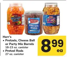 ACME Herr's Pretzels, Cheese Ball or Party Mix Barrels 18-23 oz. canister, Pretzel Rods 27 oz. canister offer