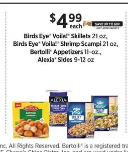 ShopRite Birds Eye Voila! Skillets, Birds Eye Voila! Shrimp Scampi, Bertolli Appetizers, Alexia Sides offer