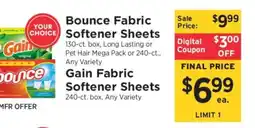 ShopRite Bounce & Gain Fabric Softener Sheets offer