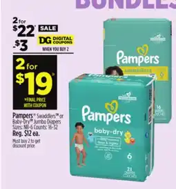 Dollar General Pampers Swaddlers or Baby-Dry Jumbo Diapers offer